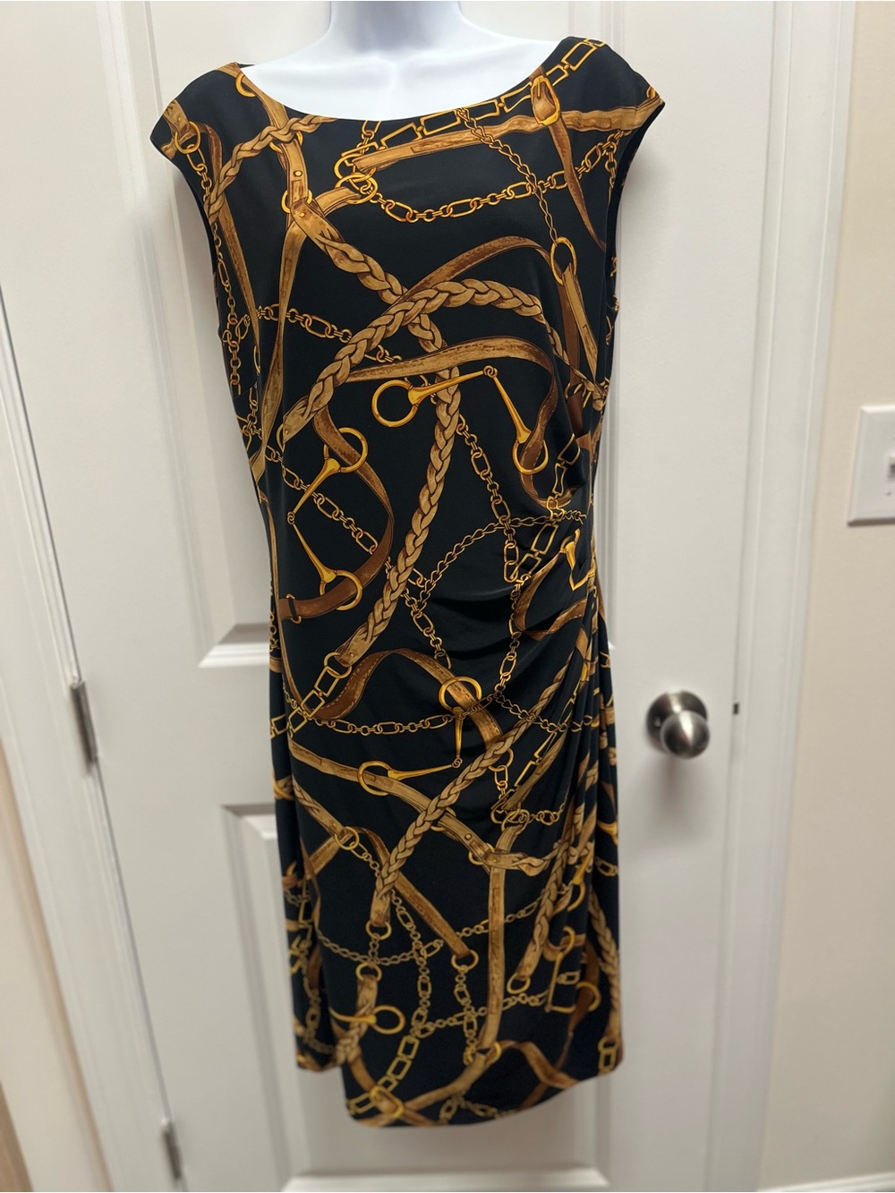 Lauren Ralph Lauren Equestrian Chain Print Ruched Sheath Dress Size 8
